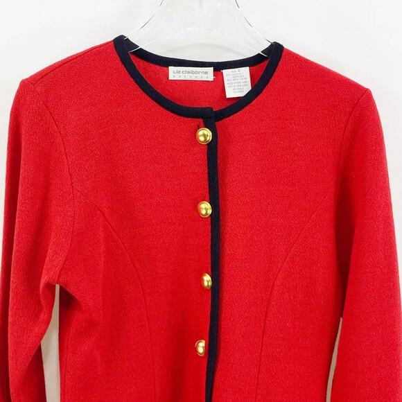 LIZ CLAIBORNE Red Wool Blend Gold Button Cardigan Sweater - Picture 2 of 8